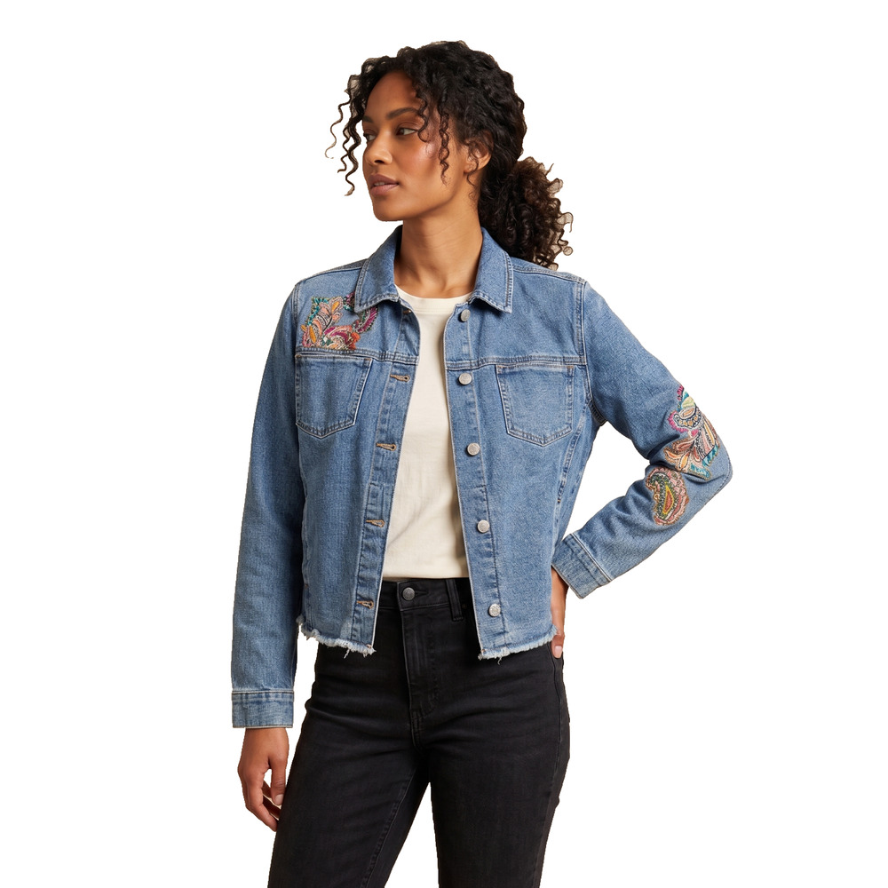 Chico's Denim Jacket Womens 12/14 Blue Embroidered Paisley Button Front Raw Hem